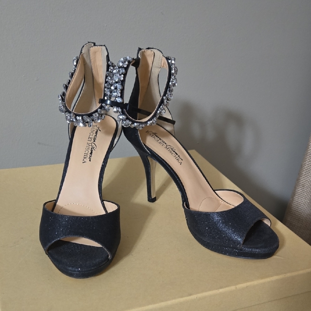 Badgley Mischka Black Glitter Crystal-Ankle Strap Stiletto Sandals Size 7